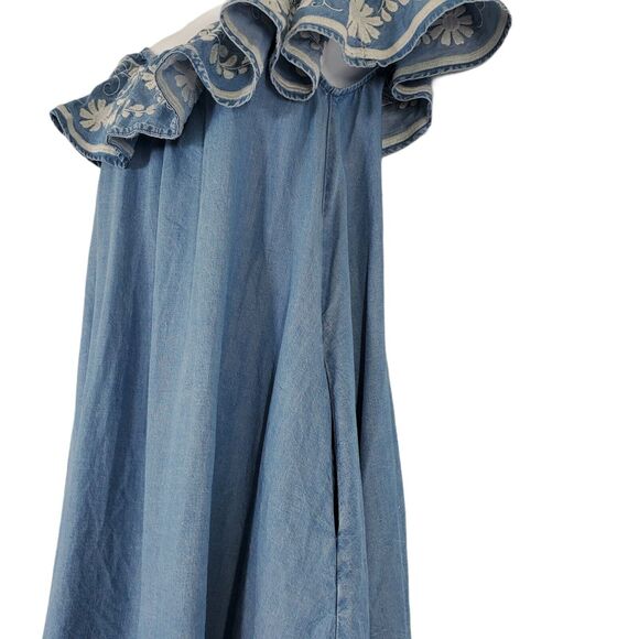 Rebecca Minkoff Summer Short Dress Small Blue Denim Chambray Off Shoulder Pocket - Picture 4 of 9